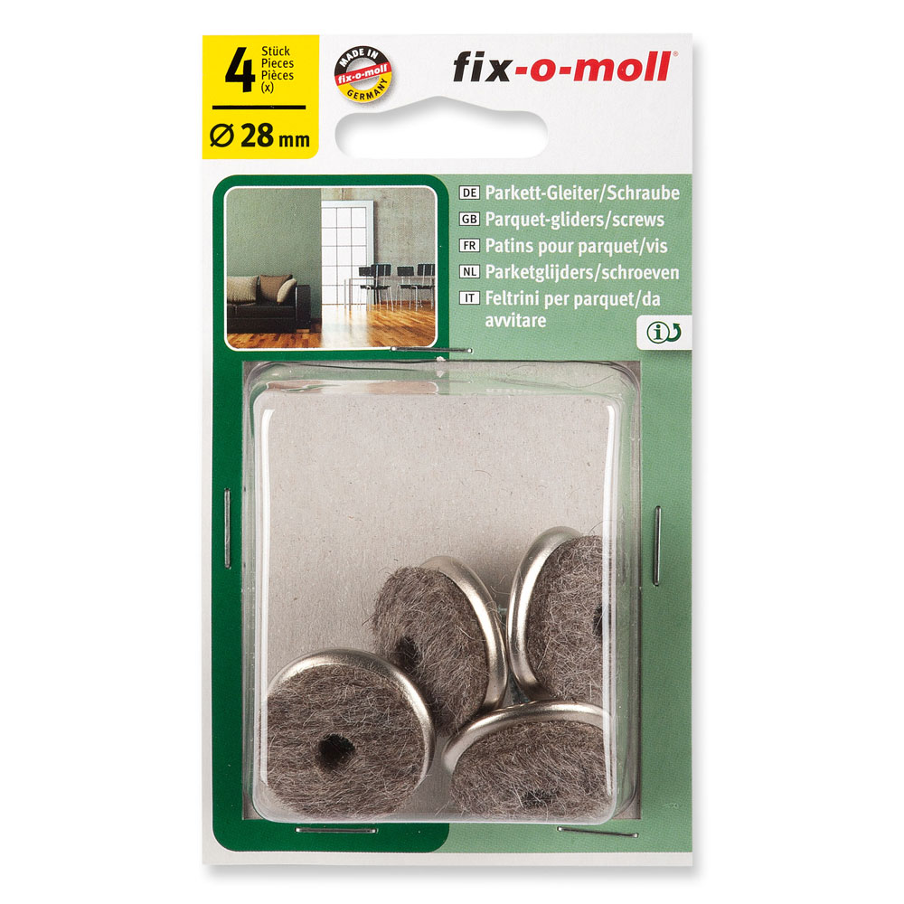 fix-o-moll Parkett Gleiter zum Schrauben Ø 28 mm. 1 VE = 4 Stück fix-o-moll Parkett Gleiter zum Schrauben Ø 28 mm. 1 VE = 4 Stück