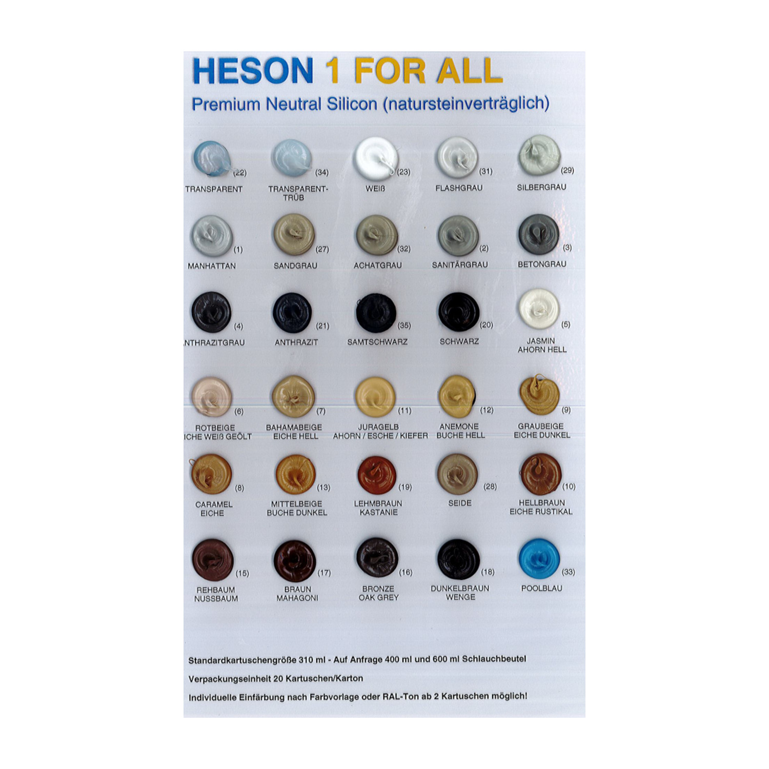 Heson Hesoflex 1 For All 310 ml. Neutral Silikon, natursteinverträglich in verschiedenen Farben Heson Hesoflex 1 For All 310 ml. Neutral Silikon, natursteinverträglich in verschiedenen Farben