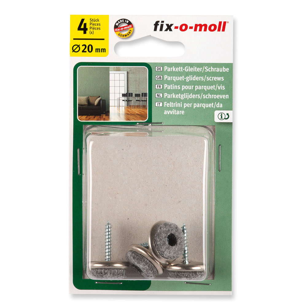 fix-o-moll Parkett Gleiter mit Schraube Ø 20 mm. 1 VE = 4 Stück fix-o-moll Parkett Gleiter mit Schraube Ø 20 mm. 1 VE = 4 Stück