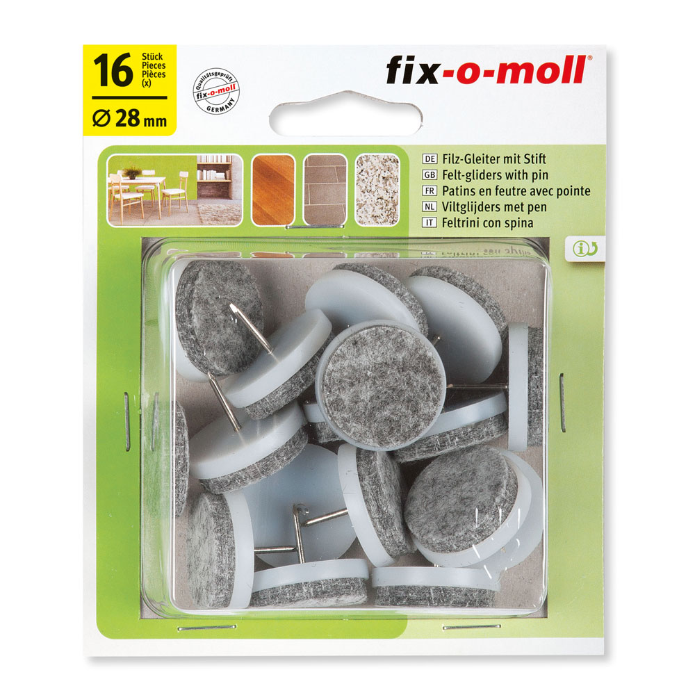 fix-o-moll Filzgleiter mit Kunststoffeinfassung weiß mit Stift, Ø 28 mm, grauer Filz VE = 16 Stück fix-o-moll Filzgleiter mit Kunststoffeinfassung weiß mit Stift, Ø 28 mm, grauer Filz VE = 16 Stück