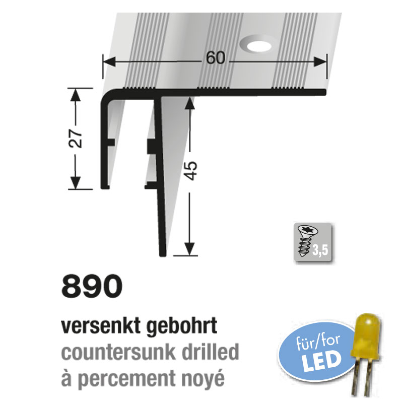 Küberit Treppenkantenprofil für LED-Leuchten Typ 890, 300 cm, edelstahloptik (F2)