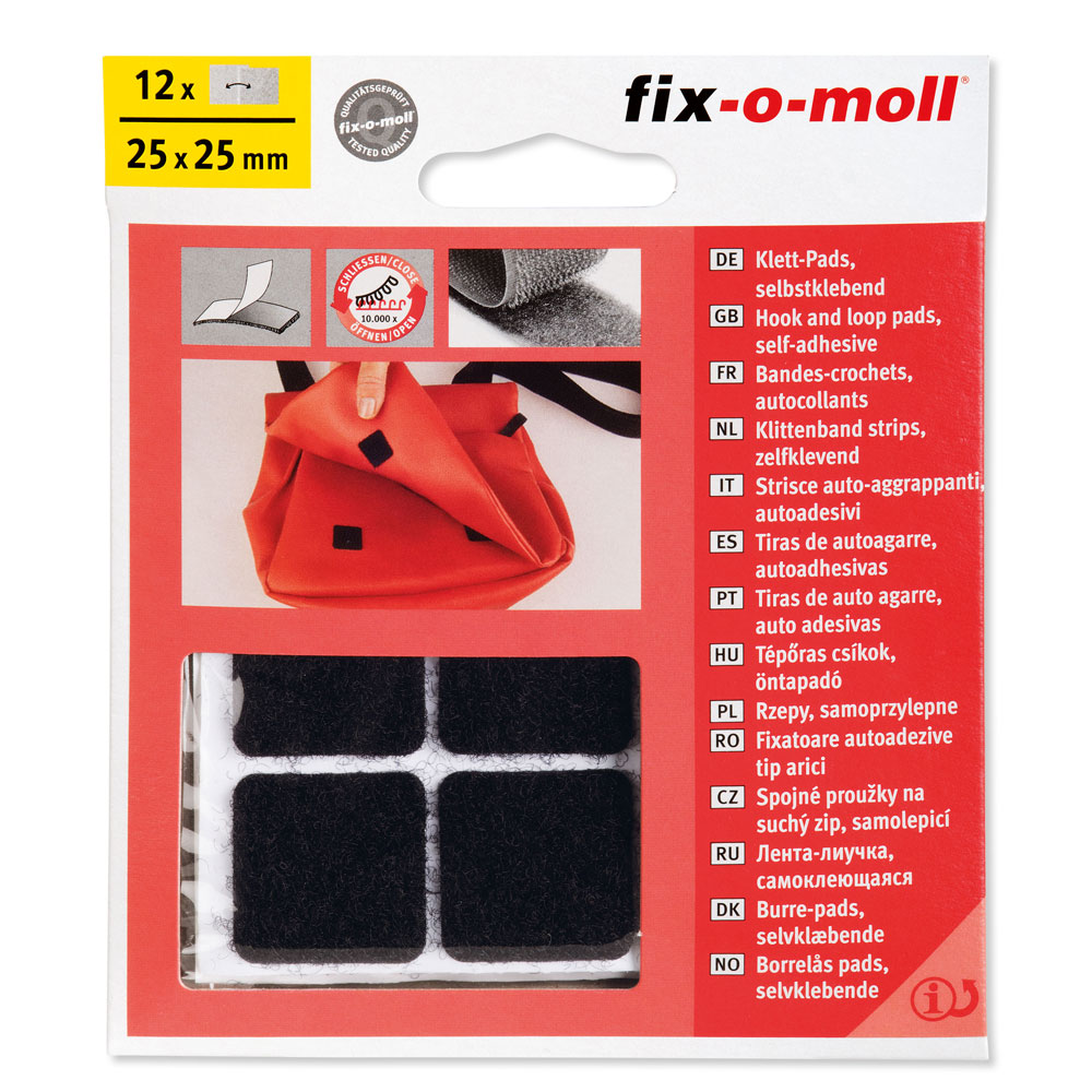 fix-o-moll Klettpads 25 mm x 25 mm, SK, schwarz, VE = 12 Klettpads fix-o-moll Klettpads 25 mm x 25 mm, SK, schwarz, VE = 12 Klettpads