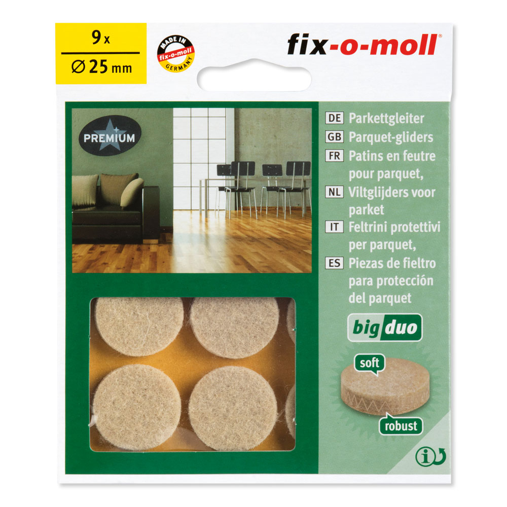 fix-o-moll Big-Duo Parkett-Gleiter SK natur. Ø 25mm .H 4.5 . 9 Stück auf SB Karte