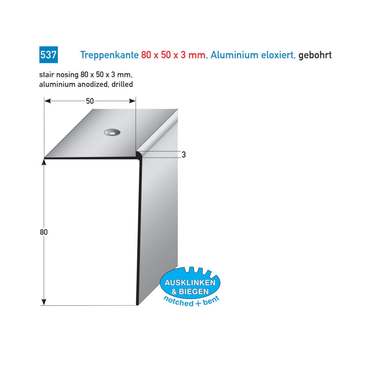 AUER Alu Treppenkantenprofil Typ 537, 80 x 50 x 3 mm, SB, 100 cm ...