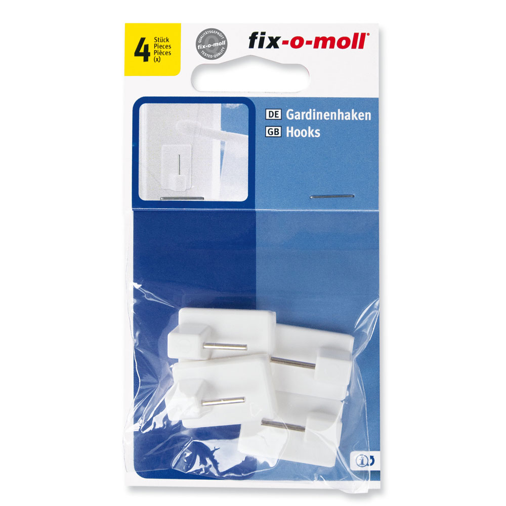 fix-o-moll Gardinenhaken weiß, VE = 4 Haken, 19 mm x 28 mm fix-o-moll Gardinenhaken weiß, VE = 4 Haken, 19 mm x 28 mm