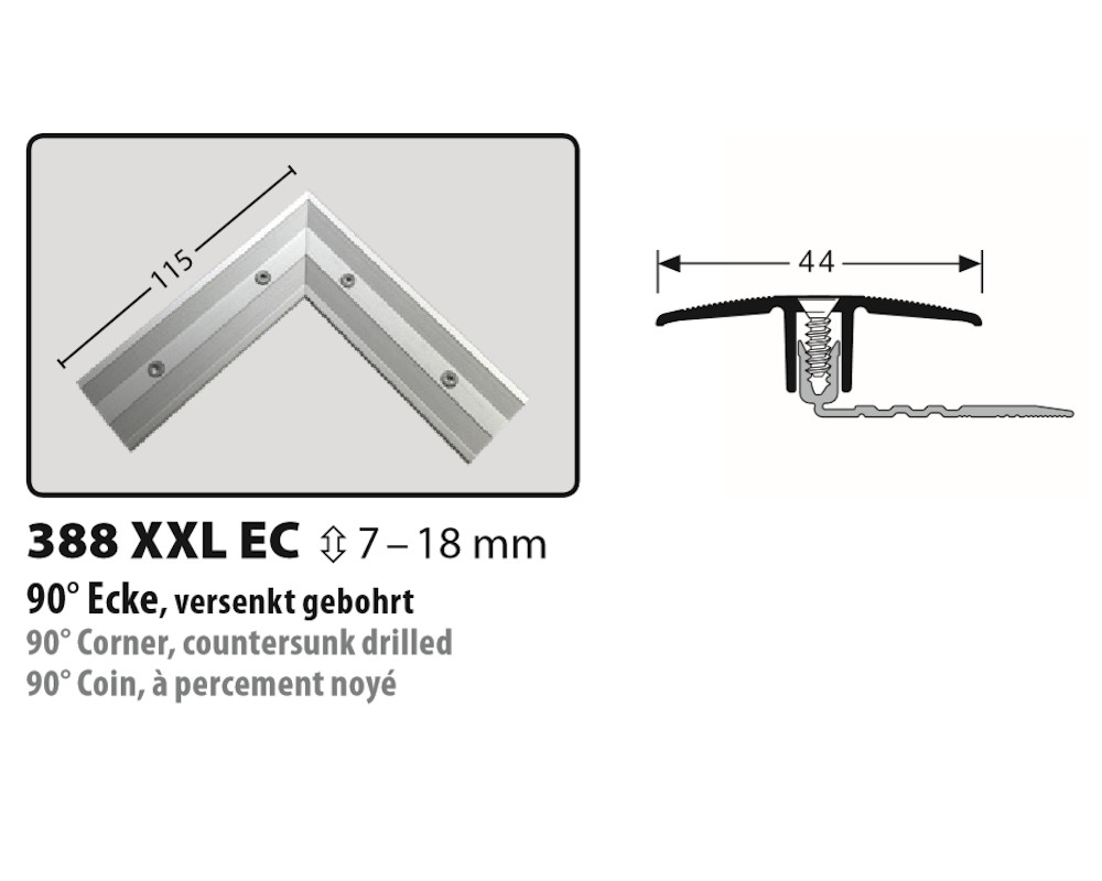 Küberit 388 XXL EC PPS®-Champion 90° Ecke, Übergangsprofil 7-18 mm, edelstahloptik (F2)
