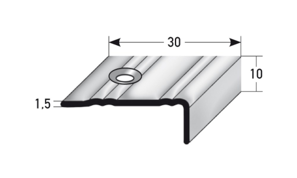 AUER Edelstahl Treppenkante Typ 204, 10 x 30 x 1,5 mm, profilierte Riffelung, matt, gebohrt, 100 cm AUER Edelstahl Treppenkante Typ 204, 10 x 30 x 1,5 mm, profilierte Riffelung, matt, gebohrt, 100 cm