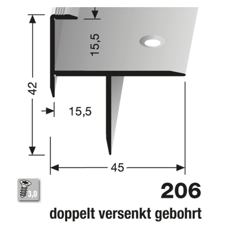 Küberit Alu Treppenkantenprofil Typ 206, 15,5 mm, 300 cm, bronze (F6)