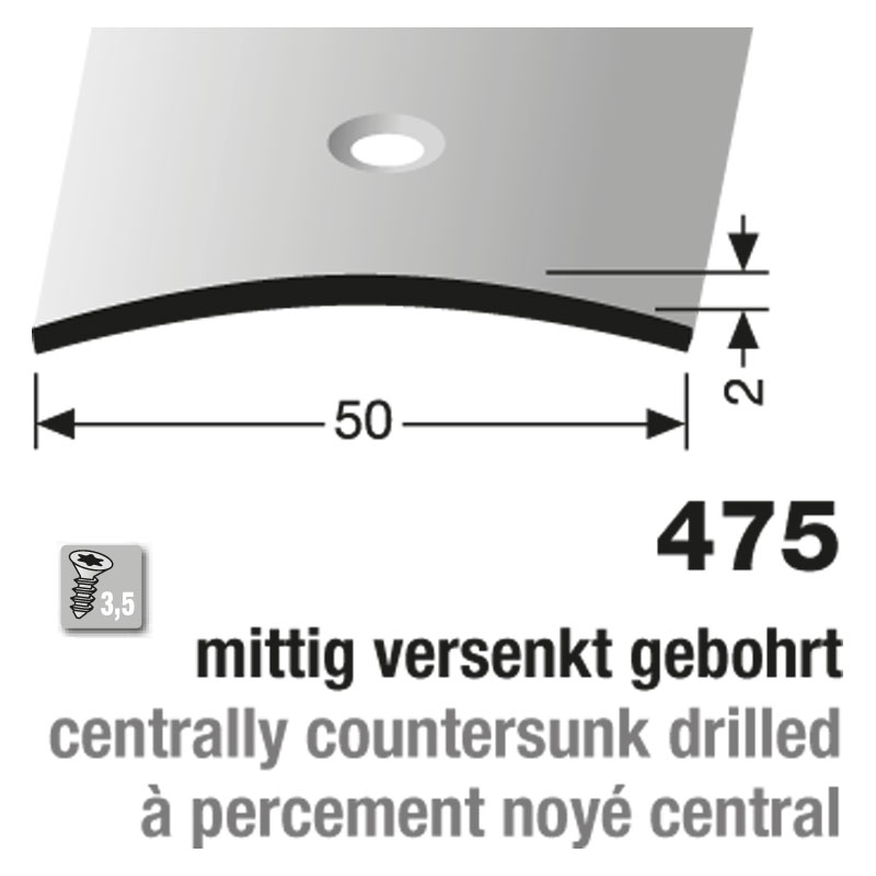 Küberit Übergangsprofil Typ 475, 270 cm, Edelstahl poliert (F8), 2,0 x 50 mm, mittig gebohrt