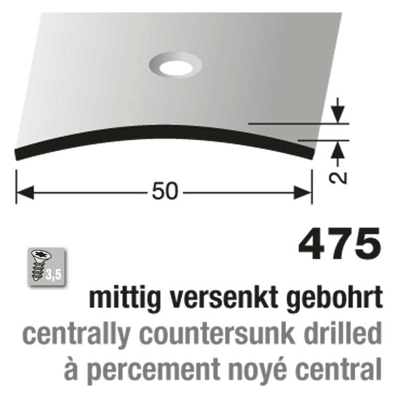 Küberit Übergangsprofil Typ 475, 270 cm, Edelstahl poliert (F8), 2,0 x 50 mm, mittig gebohrt Küberit Übergangsprofil Typ 475, 270 cm, Edelstahl poliert (F8), 2,0 x 50 mm, mittig gebohrt