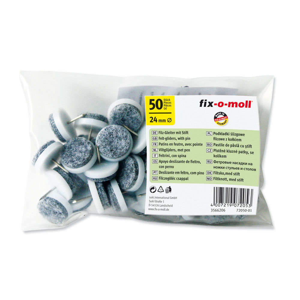 fix-o-moll Filzgleiter mit Kunststoffeinfassung weiß mit Stift, Ø 24 mm, grauer Filz, VE = 50 Stück fix-o-moll Filzgleiter mit Kunststoffeinfassung weiß mit Stift, Ø 24 mm, grauer Filz, VE = 50 Stück