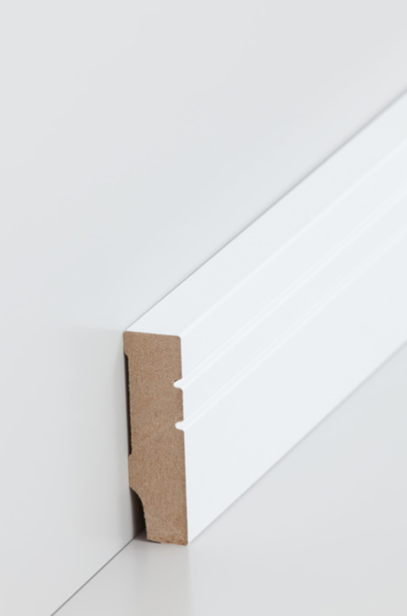 SÜDBROCK MDF Fußleiste 16 x 58 mm, weiß Foliert, rechteckig, Sichtseite mit 2 Profilnuten, 250 cm