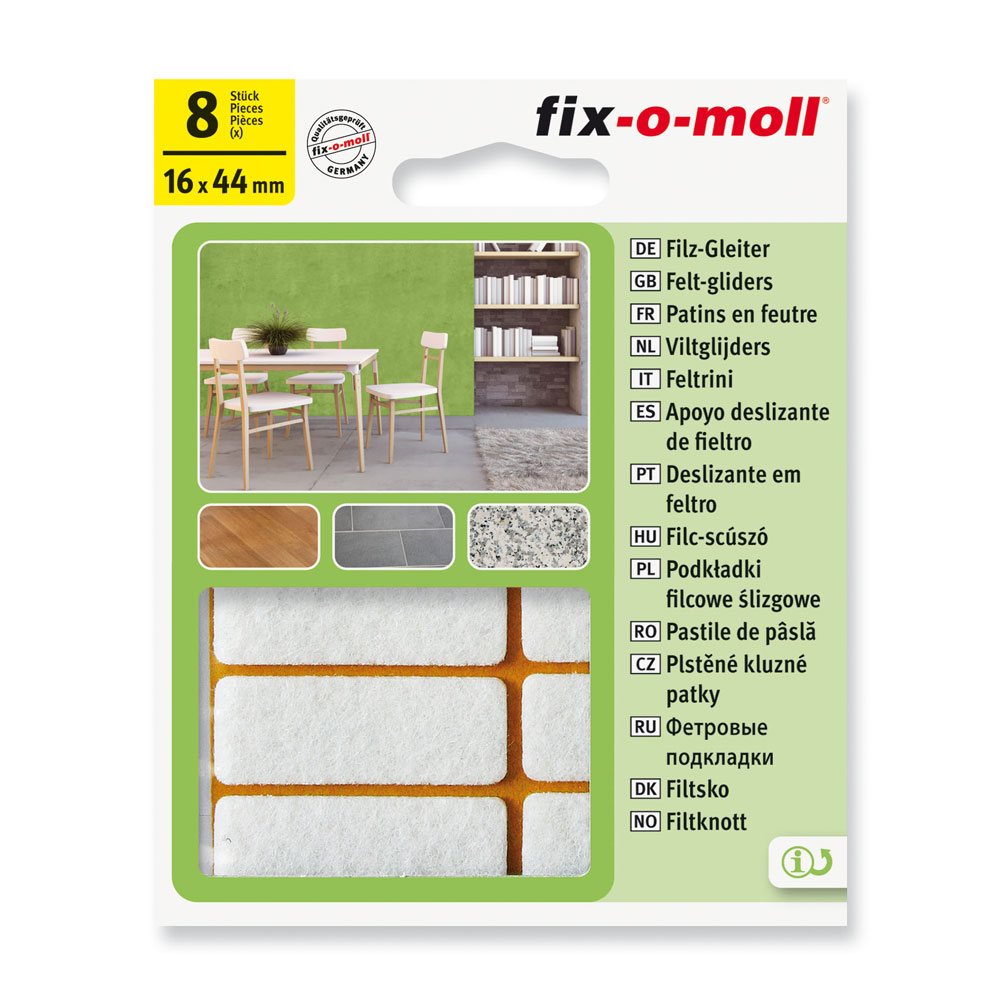 fix-o-moll Filzgleiter weiß SK, eckig 16 x 44 mm, 8 Stück fix-o-moll Filzgleiter weiß SK, eckig 16 x 44 mm, 8 Stück