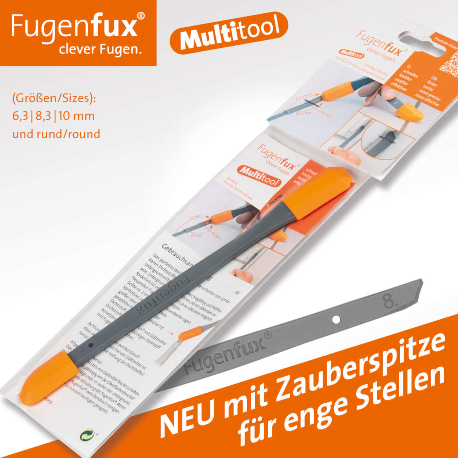 FUGENFUX® Multitool mit Funktionsstiel – Größen 6,3/8,3/10 mm und Rundfuger mit Zauberspitze 8 mm FUGENFUX® Multitool mit Funktionsstiel – Größen 6,3/8,3/10 mm und Rundfuger mit Zauberspitze 8 mm