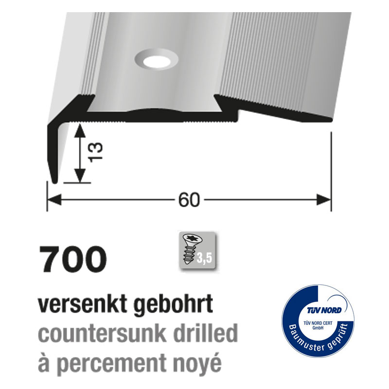 Küberit Alu Sicherheitstreppenkante 13 x 60 mm, Typ 700, 500 cm, silber (F4) Küberit Alu Sicherheitstreppenkante 13 x 60 mm, Typ 700, 500 cm, silber (F4)