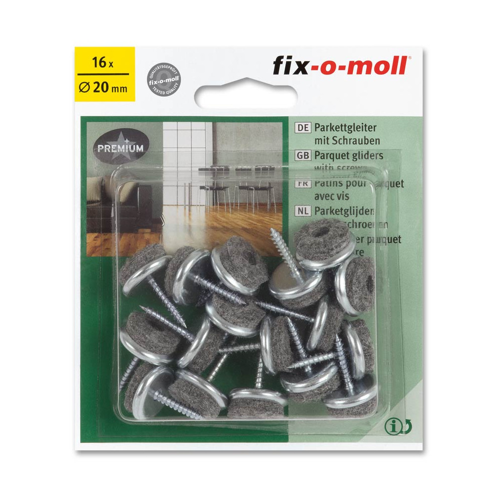 fix-o-moll Parkett Gleiter mit Schraube Ø 20 mm. 1 VE = 16 Stück fix-o-moll Parkett Gleiter mit Schraube Ø 20 mm. 1 VE = 16 Stück