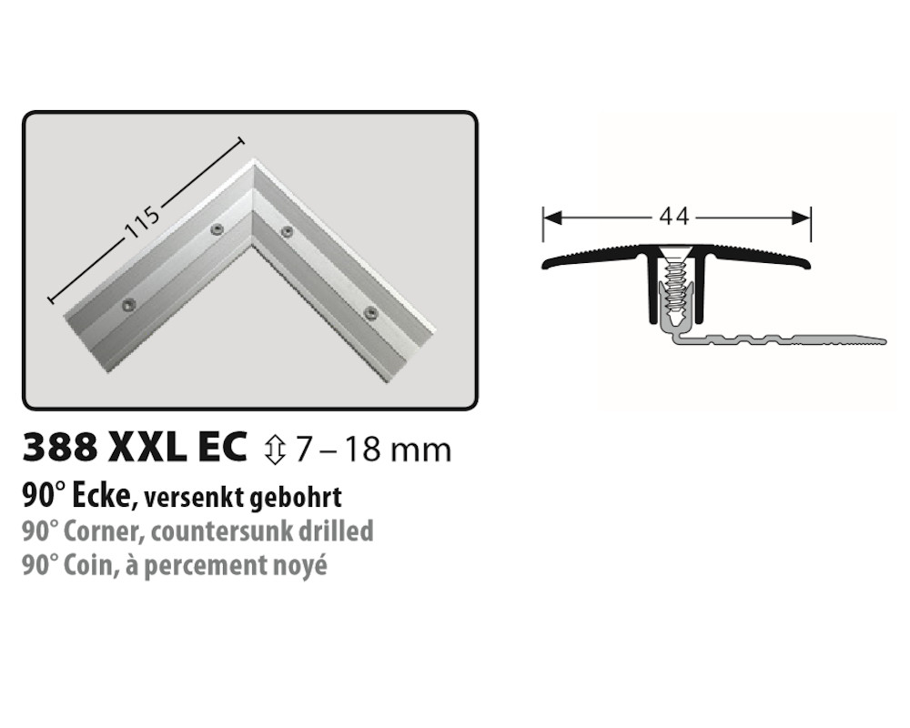 Küberit 388 XXL EC PPS®-Champion 90° Ecke, Übergangsprofil 7-18 mm, silber (F4) Küberit 388 XXL EC PPS®-Champion 90° Ecke, Übergangsprofil 7-18 mm, silber (F4)