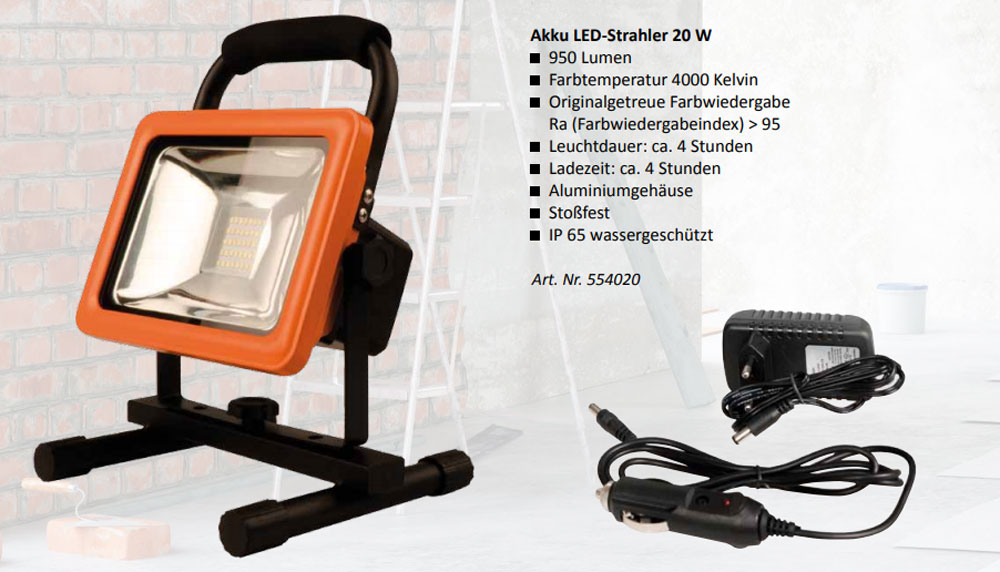 Akku LED-Strahler 20 W (entspricht der Leistung von 400 W Halogen)