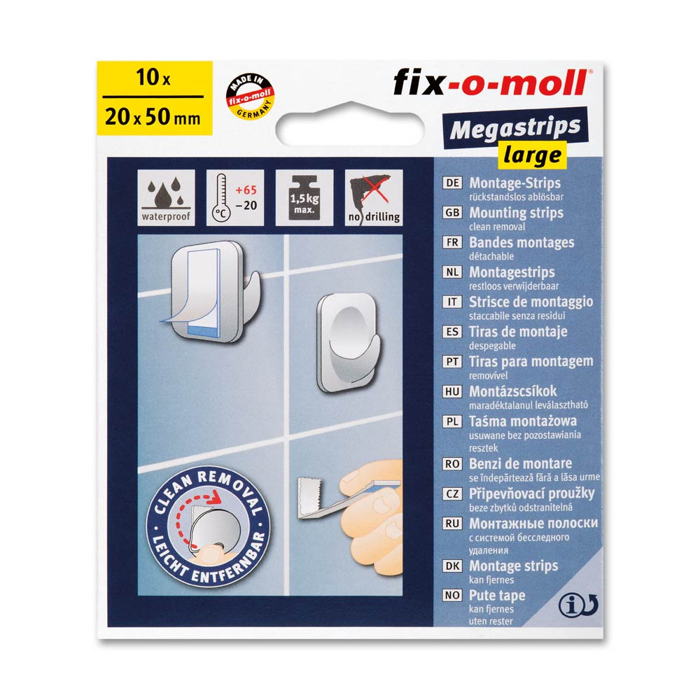 fix-o-moll Megastrips 20 mm x 50 mm - Rückstandsfrei entfernbar, 1 VE = 10 Stück fix-o-moll Megastrips 20 mm x 50 mm - Rückstandsfrei entfernbar, 1 VE = 10 Stück