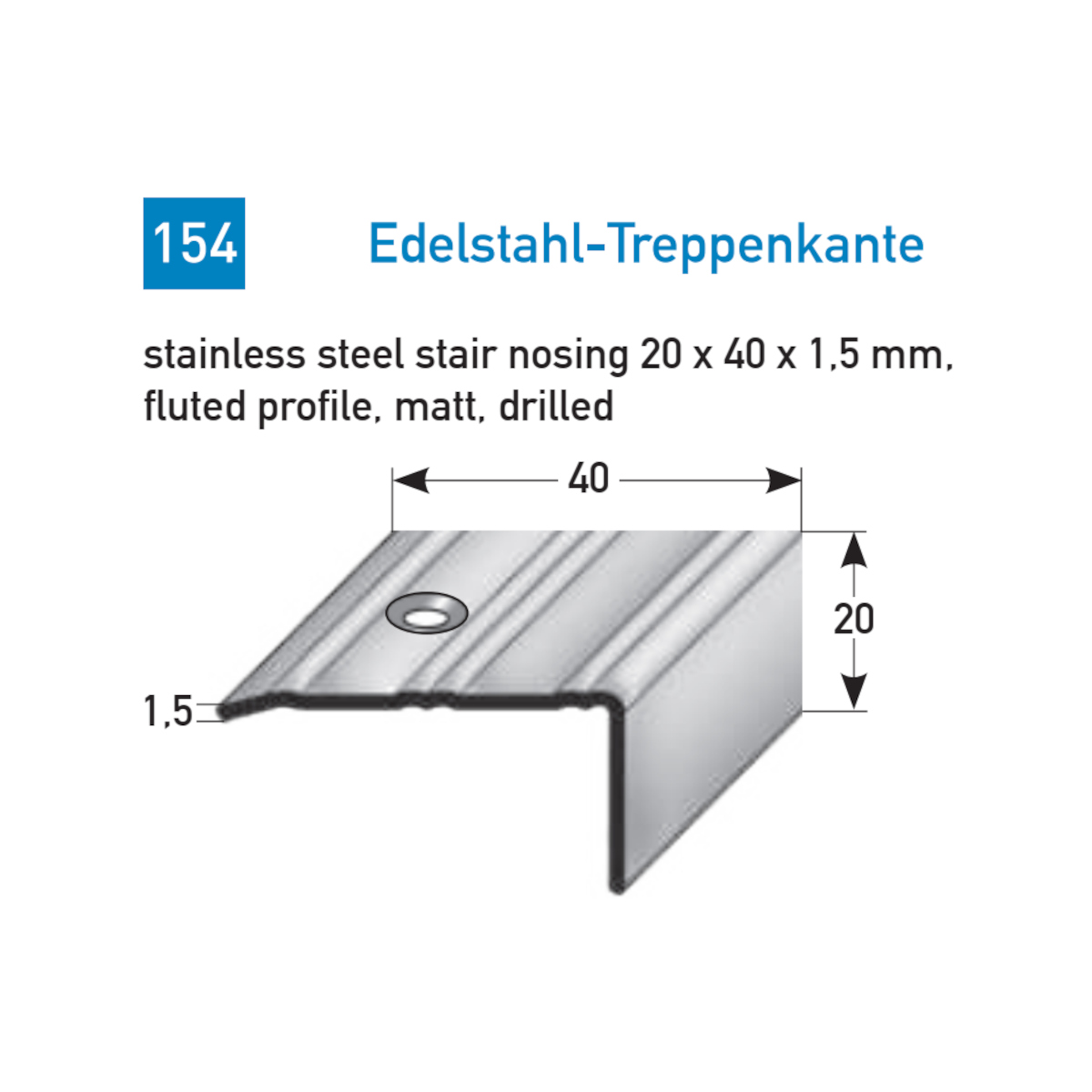 AUER Edelstahl matt Treppenkantenprofil "R10", Typ 154, 40 x 20 x 1,5 mm, 270 cm